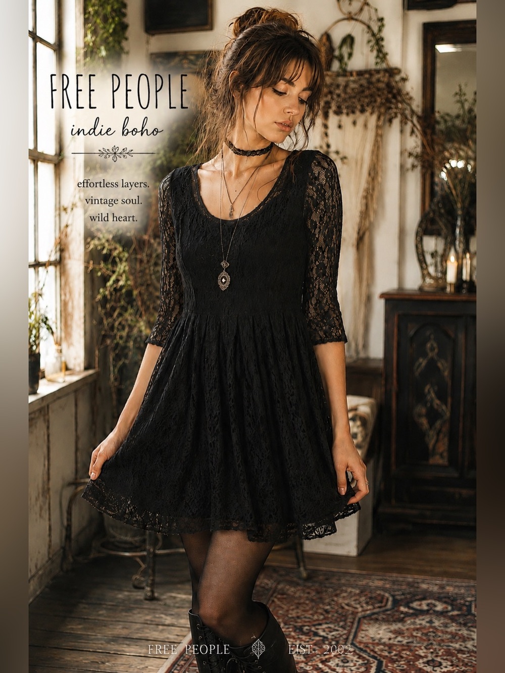 Free People Black Lace Fit & Flare Mini Dress M Romantic Fairy Goth Indie Boho R